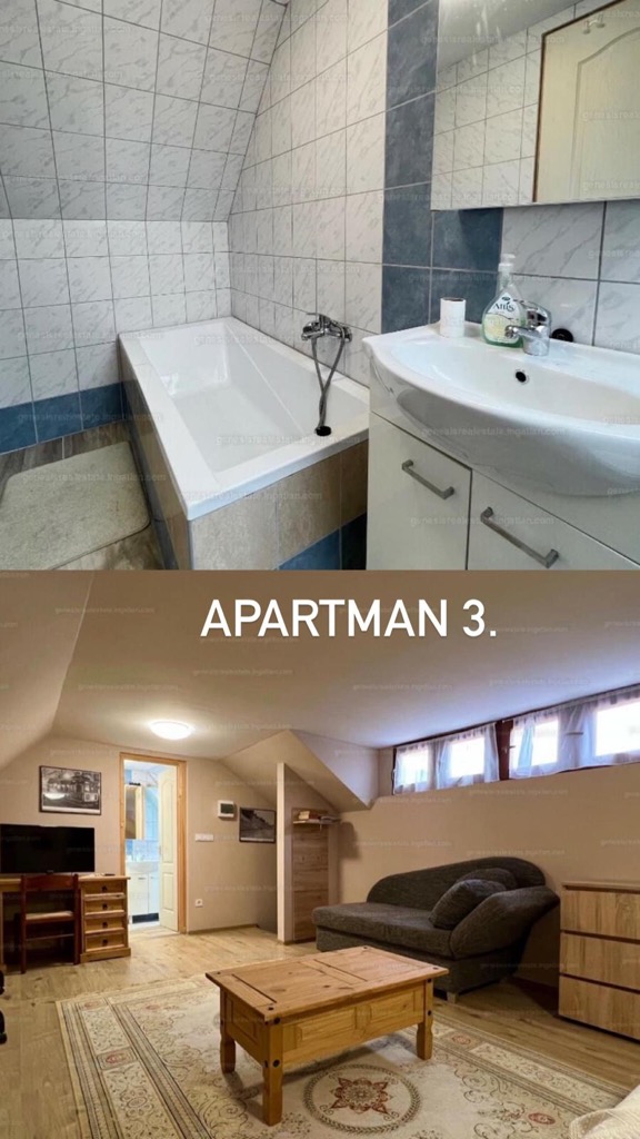 Tetőtéri apartman nappali felújított fürdőszobával